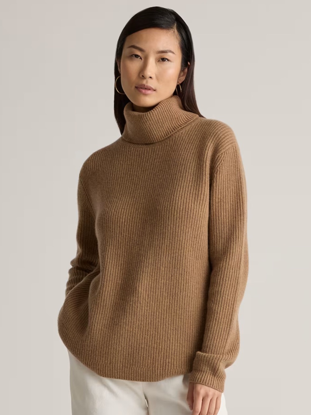 New Quince Mongolian Cashmere Fisherman Turtleneck Sweater in Teak Brown